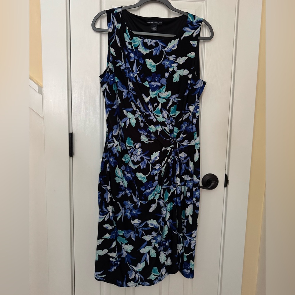 American Living Black Floral Twist-Front Midi Dress with Blue & Aqua Flowers
